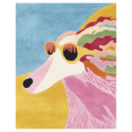 Vibrant Breezy Bark Bliss Hand Tufted Rug featuring an abstract design resembling a dog with sunglasses, showcasing bold colors like blue, pink, yellow, and green, perfect for those seeking contemporary wool rugs to enhance their living room area.