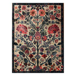 A beautifully detailed Byzantine Blooms Hand Tufted Wool Area Rug featuring intricate floral patterns with vibrant red and green hues. The design showcases a symmetrical arrangement of blooming flowers and foliage, set against a neutral background, bordered by a dark frame with floral accents.