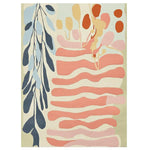 A beautifully designed Canvas of Calm Hand Tufted Area Rug showcasing a contemporary abstract pattern with soft wavy lines and botanical accents in blue, pink, and orange hues. Perfect as a wool rug for large living room spaces, this elegant piece enhances the modern aesthetic of any living room area.