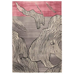 The Carved Motion Surface Hand Tufted Rug showcases an abstract design with flowing lines in black against a soft gray and pink background. This contemporary wool rug is perfect for adding an artistic touch to any living room. Ideal as a large living room area rug, it combines style and comfort seamlessly.