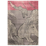 The Carved Motion Surface Hand Tufted Rug showcases an abstract design with flowing lines in black against a soft gray and pink background. This contemporary wool rug is perfect for adding an artistic touch to any living room. Ideal as a large living room area rug, it combines style and comfort seamlessly.