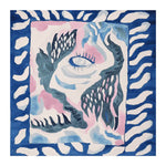 The Celestial Eye Flow Hand Tufted Rug is a square area rug featuring a bold and contemporary design. Made from high-quality wool, this rug showcases an abstract pattern in shades of blue, pink, and white, with a central eye motif. Perfect for adding a modern touch to living room spaces, this 8x10 wool rug is both stylish and durable.