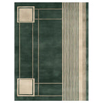 Top view of the Celestial Flight Hand Tufted Wool Area Rug showcasing a modern geometric design with bold lines and contrasting squares. The deep green and beige tones bring a sophisticated touch to any room decor.