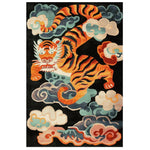 Vibrant area rug featuring an abstract tiger design with bold orange and black stripes, set against a background of swirling clouds in shades of blue and cream. Perfect for adding a striking focal point to living room spaces, this wool rug combines artistry with comfort, making it an ideal choice for large living room rugs.