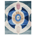The Celestial Spiral Hand Tufted Rug features a striking abstract design with bold blue hues and a central circular motif, perfect as an area rug for contemporary living rooms. This wool rug, measuring 8x10, adds a modern touch to any space.