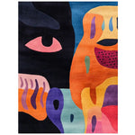 Vibrant abstract design of the Celestial Whimsy Hand Tufted Wool Rug in rich colors like orange, purple, and teal, ideal for adding a bold statement to your living space. This area rug features an artistic blend of shapes and hues, creating a unique visual appeal.