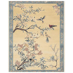The Chinoiserie Dreamscape Hand Tufted Rug is an exquisite area rug featuring a serene garden scene with birds and floral branches, set against a soft background. Ideal for adding a touch of elegance to large living rooms, this high-quality wool rug blends traditional art with modern design.