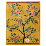 A vibrant hand tufted area rug featuring a detailed depiction of birds perched on branches with blooming cherry blossoms against a rich yellow background, perfect for adding a touch of nature to any room.