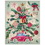 A festive Christmas-themed hand tufted area rug featuring a vibrant design with a pink car adorned with gifts and holiday ornaments. Ideal for adding a touch of holiday spirit to your living room, this wool rug is perfect for those seeking area rugs for living room and fits well in an 8x10 space.