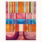 Vibrant Chroma Groove Hand Tufted Area Rug featuring an abstract geometric pattern in bold colors like orange, blue, and pink. Perfect for adding a modern touch to living room and dining room spaces. This large wool rug is an excellent choice for dining room carpets.