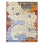 A vibrant and colorful area rug featuring an abstract design with a blend of soft pastel colors like blue, beige, and orange, perfect for adding a touch of modern art to any bedroom or living room. This hand tufted wool rug brings warmth and style, making it an ideal choice for bedroom rugs or living room decor.