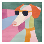 Colorful and contemporary area rug featuring a whimsical dog wearing sunglasses. This hand-tufted wool rug showcases a vibrant, abstract design perfect for adding a playful touch to your living room decor. Ideal as a square area rug to enhance any modern space.