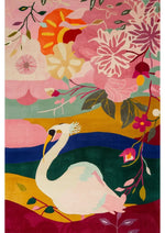 Colorful Swan Lake Hand Tufted Rug featuring a vibrant abstract design with a swan and floral patterns. Perfect wool area rug for enhancing any living room with its large size and lively colors.