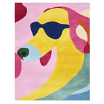 Colorful and contemporary hand-tufted wool area rug featuring an abstract design of a dog wearing sunglasses. Ideal for large living rooms, this vibrant living room area rug combines pink, yellow, and blue hues to create a striking visual centerpiece.
