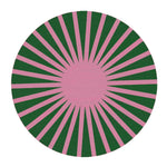 This vibrant contemporary area rug features a striking design with a central pink circle radiating green and pink rays. Perfect for adding a bold touch to any living room, this round hand-tufted wool rug is not only stylish but also durable, making it an ideal choice for area rugs for living room spaces.