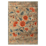 A beautifully designed area rug featuring a hand-tufted wool texture with a striking crimson lotus and floral pattern. The intricate design is set against a neutral background, bringing elegance and warmth to any space.