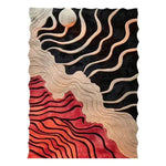 Stylish area rug with a modern, curved line design in contrasting black, cream, and red hues, perfect for enhancing dining room carpets or adding flair to your living room decor. This hand-tufted wool rug features an abstract, wavy pattern that adds texture and interest to any dining room area rug setting.