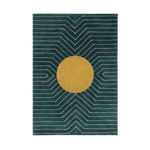 A stylish dark teal wool area rug perfect for the living room or bedroom. It features a bold geometric design with a striking gold circle in the center, making it an eye-catching piece for any modern home decor.