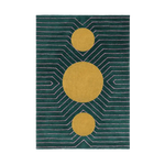 This stylish dark teal geometric area rug features bold golden circular designs, perfect for adding a modern touch to your living room. Hand-tufted from wool, this large area rug is ideal for those seeking large living room rugs that combine elegance with comfort.