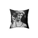 Stylish throw pillow featuring a sculpted figure wearing headphones, perfect for adding a modern artistic touch to any space.