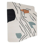 Top view of the Deco Line Clash Hand Tufted Area Rug. This contemporary rug features an abstract design with bold black lines and color blocks in earth tones. Perfect for enhancing living room spaces, this wool rug combines style and comfort for modern interiors.