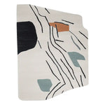 Top view of the Deco Line Clash Hand Tufted Area Rug. This contemporary rug features an abstract design with bold black lines and color blocks in earth tones. Perfect for enhancing living room spaces, this wool rug combines style and comfort for modern interiors.