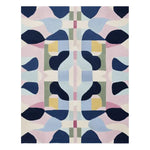 The Distort Grid Hand Tufted Rug features a vibrant, abstract design with bold geometric patterns in blues, pinks, and yellows. This contemporary area rug, made from high-quality wool, is ideal for large living rooms, adding a modern artistic flair to any space.