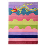 Vibrant hand-tufted wool area rug featuring an abstract dragon design. The rug displays a colorful array of wavy patterns in shades of pink, green, blue, and purple, with a striking dragon motif across the top.