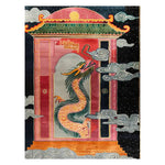 Vibrant Dragon Maze Sanctuary hand-tufted wool area rug showcasing an intricate design with a mythical dragon in rich colors, set against a backdrop of traditional architectural elements and swirling clouds.