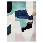 A contemporary area rug featuring an abstract design with bold, overlapping shapes in shades of teal, navy, and beige, perfect for adding a modern touch to living rooms. This hand-tufted wool rug measures 8x10, ideal for spacious areas.