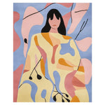 A vibrant area rug featuring a contemporary abstract design with bold patterns and colors. This hand-tufted wool rug, perfect for living room spaces, measures 8x10 and showcases a unique blend of pink, blue, and orange hues.