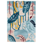 A vibrant area rug featuring an abstract design with bold leaf patterns in shades of blue, yellow, and pink. This contemporary rug, crafted from high-quality wool, is perfect for large living room spaces. The intricate design and rich colors make it a standout piece among living room area rugs.