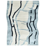 Top view of the Drifting Lines Hand Tufted Area Rug, showcasing a contemporary design with abstract black and gray lines on a soft wool surface. Perfect for large living room spaces, this rug adds a modern touch to any home decor.