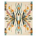 Vibrant area rug featuring an electric abstract pulse design with symmetrical patterns in orange, teal, and yellow hues on a neutral background, creating a modern and artistic look.