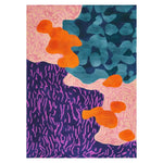 Vibrant and artistic area rug featuring an abstract design with bold colors like orange, blue, and purple. The hand-tufted wool rug showcases a dynamic pattern, ideal for adding a splash of color to any room.