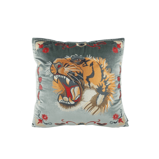Embroidered Screaming Tiger Decorative Throw Pillow Cover - Gray - MAIA HOMES