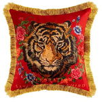 Embroidered tiger head throw pillow with fringes and floral accents, perfect for home decor.