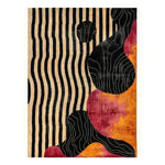 Ethereal Essence wool hand tufted area rug featuring a modern abstract design with bold black stripes and colorful shapes in red and orange. Perfect for formal dining rooms or as a large area rug in living rooms, this wool rug adds a vibrant touch to any space.