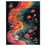 A beautifully hand-tufted area rug showcasing a vibrant floral design, perfect for large living rooms. This wool rug features an ethereal river motif with colorful flowers and elegant curves, ideal for adding a touch of nature-inspired elegance to any space.