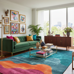 Modern living room with a green sofa, colorful rug, and large windows.