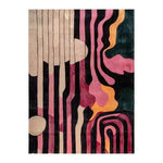Evolving Shapes Hand Tufted Area Rug featuring an abstract design with bold pink, black, and orange patterns. This wool rug adds a touch of modern art to any living room or dining room, perfect for formal dining room decor.