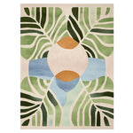 Vibrant Exotic Leaf Mirage hand-tufted area rug featuring bold abstract patterns in green, blue, and orange, perfect for contemporary living rooms. Ideal as an 8x10 wool rug, this piece adds a modern touch to any space, showcasing a unique design with leafy motifs.