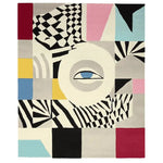 A vibrant and contemporary area rug showcasing an abstract design with bold geometric patterns and a central eye motif. This large living room rug is hand-tufted from wool, offering a modern touch to any space. Ideal for those seeking unique living room area rugs.