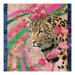 Vibrant 'Fangs in Ferns Hand Tufted Rug' featuring a majestic leopard surrounded by lush pink flowers and multicolored abstract stripes, perfect for adding a bold statement to any living room. This wool square area rug combines floral and animal elements, making it an exquisite choice for those seeking unique rugs for their living space.