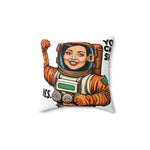 Colorful throw pillow featuring a female astronaut with a cheerful expression, designed to inspire and motivate, perfect for home decor.