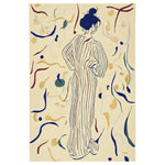 This hand-tufted wool area rug features a contemporary design with a figure in a striped robe against an abstract background of swirling blue, red, and gold lines. Ideal for living rooms, this 8x10 rug adds a modern touch to your space.