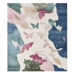 Top view of a Floral Drift Pattern Hand Tufted Area Rug showcasing a contemporary design. This wool rug features a blend of vibrant colors with abstract butterfly motifs, ideal for adding a stylish touch to living room area rugs.