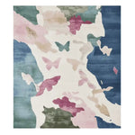 Top view of a Floral Drift Pattern Hand Tufted Area Rug showcasing a contemporary design. This wool rug features a blend of vibrant colors with abstract butterfly motifs, ideal for adding a stylish touch to living room area rugs.