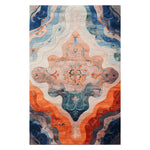 Top view of the Floral Muse Reverie Hand Tufted Area Rug, featuring a vibrant and intricate floral pattern in rich hues of orange, blue, and cream. Ideal for adding a touch of elegance to large living rooms, this 8x10 wool rug showcases a unique design that embodies the beauty of nature, making it a perfect choice for those seeking stylish floral rugs.