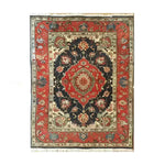 Beautiful Floral Renaissance Hand Knotted Area Rug showcasing an intricate vintage design. The large Persian rug features a vibrant blend of red, black, and ivory colors, perfect for enhancing any living room space with a touch of classic elegance.